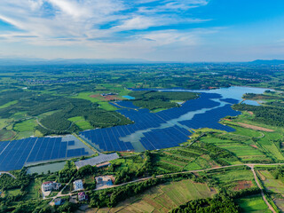 Photovoltaic panels overhead at sunset
