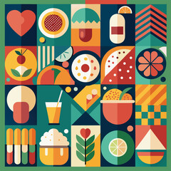 Abstract geometric food in square tiles. Fruits and vegetables. Coffee wine cocktail burger pizza sushi muffin hot dog shrimp noodles racy vector set