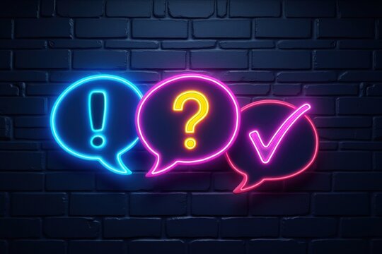 Neon Communication Icons on Brick Wall Background Question Answer Exclamation Point Glowing Symbols for Online Interaction