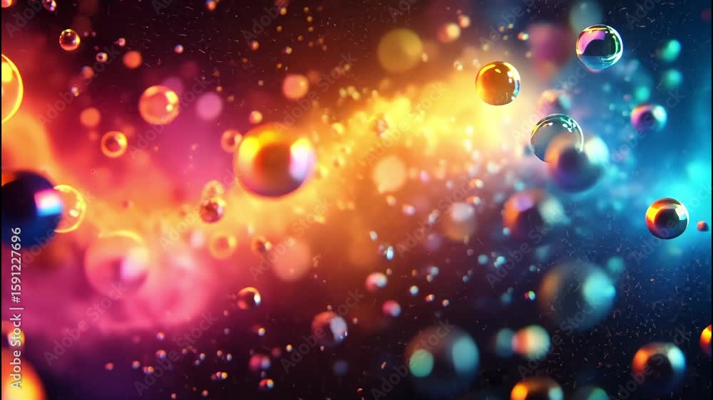 Poster vivid cosmic scene with glowing particles and colorful bubbles in a colorful galaxy.