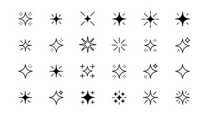 Set of Sparkle Icons in Simple Black Line Style