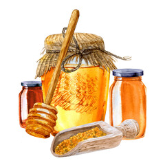 glass jars with honey of various colors, a honey spoon-spindle and pollen in a wooden scoop, hand-painted