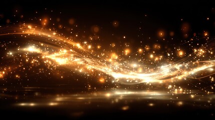 Obraz premium Golden glowing waves of light particles on a dark background.