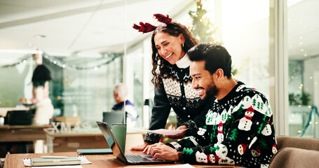 Laptop, Christmas and businessman with manager in office for review on finance proposal. Computer, xmas and male financial advisor with mentor for feedback on investment report in festive season.