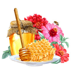 A jar of honey, honeycombs and red flowers hand-painted in watercolor