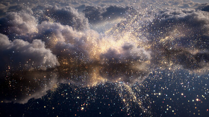 Dramatic Cloud Bursting with Light and Sparkling Particles on Reflective Surface