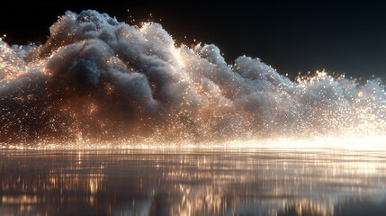 Dramatic Cloud Bursting with Light and Sparkling Particles on Reflective Surface