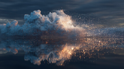 Dramatic Cloud Bursting with Light and Sparkling Particles on Reflective Surface