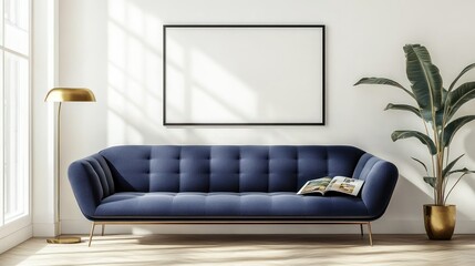 Contemporary living room scene with a navy blue sofa.