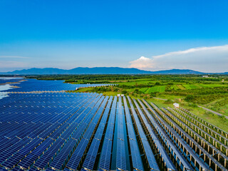 Photovoltaic panels overhead at sunset
