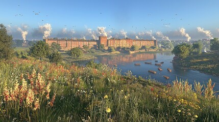 Panoramic view of a sprawling brick castle reflected in a calm river, surrounded by lush wildflowers and a clear blue sky, with birds in flight and subtle smoke plumes