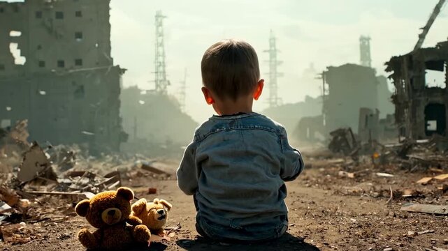 View of a little boy in dirty clothes sitting on the ground in the middle of a bombed-out street and looking at ruined city. A boy's silhouette against a ruined city.