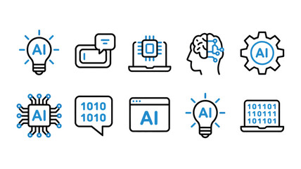 Artificial Intelligence Technology Icons Set in Black and Blue Colors