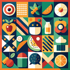 Abstract geometric food in square tiles. Fruits and vegetables. Coffee wine cocktail burger pizza sushi muffin hot dog shrimp noodles racy vector set