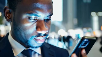 Serious African American businessman with a smartphone in the night downtown. A serious businessman strategizes under the bright city lights. - Powered by Adobe