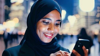 A smiling Muslim businesswoman in hijab with a smartphone in downtown. She have a good news. A joyful moment: a smiling Muslim businesswoman shares her success downtown. - Powered by Adobe