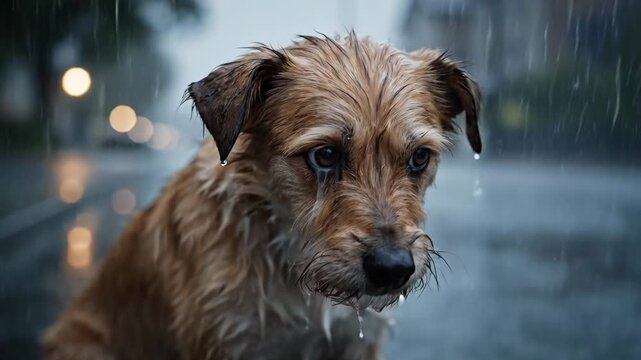 A crying dog is caught in the rain, his wet fur glistening under the city lights, showcasing vulnerability,A close-up of a sad and forlorn dog in the pouring rain, highlighting his emotion
