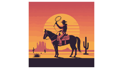 Cowboy on Horseback at Sunset – Retro Wild West Silhouette Art

