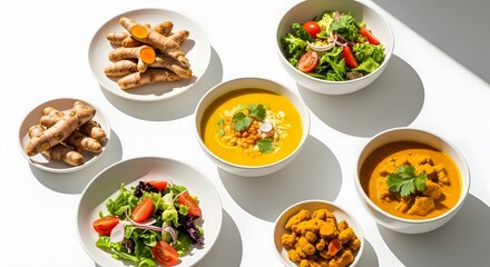 Turmeric Bowls Variety: Soup, Salad, Spice. Healthy Food Concept