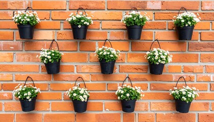 Old vintage orange brick wall decorated with white daisy in small pots for background.