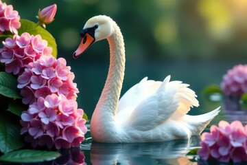 Elegant swan amidst pink & lilac hydrangeas, green leaves , peace, beauty