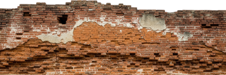 Textured red brick wall with weathered plaster and missing bricks old grunge transparent background