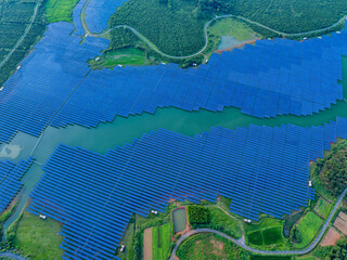 Photovoltaic panels overhead at sunset