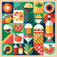 Abstract geometric food in square tiles. Fruits and vegetables. Coffee wine cocktail burger pizza sushi muffin hot dog shrimp noodles racy vector set © MDSIAM