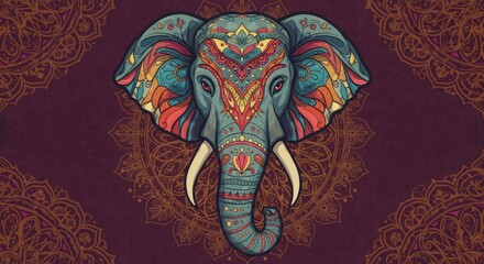 Colorful Stylized Elephant-Headed Figure Meditating on Lotus – Ornate Jewelry, Traditional Attire, Vibrant Patterns, Symmetrical Spiritual Design, Hand-Drawn Line Art with Watercolor Texture