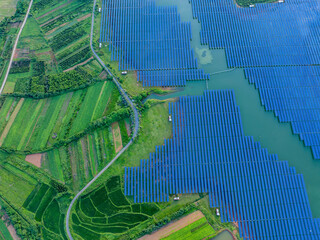 Photovoltaic panels overhead at sunset