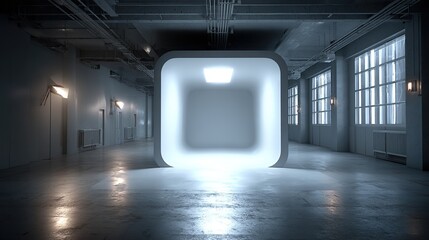 Fototapeta premium Industrial-chic gallery space with a bright white square exhibit