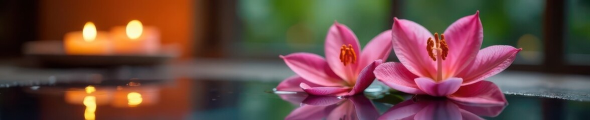 Soft candlelight illuminates pink lilies in a serene spa , close up, pink, beauty