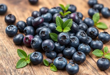Close-up of vibrant, juicy blueberries scattered on a rustic wooden background, sweet, background