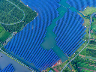 Photovoltaic panels overhead at sunset