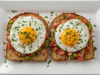 High resolution closeup photo of two slices of toasted bread topped with sunny side up eggs, fresh diced tomato, green peas and herbs on a white plate, perfect for breakfast food backgrounds

