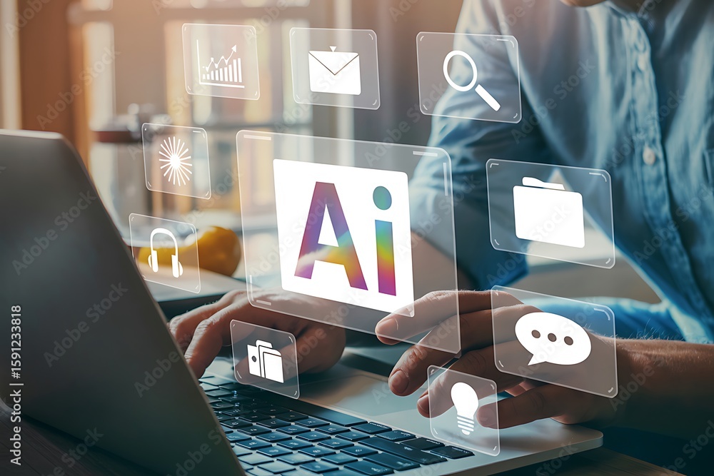 Poster person using laptop with artificial intelligence interface and digital icons technology computer