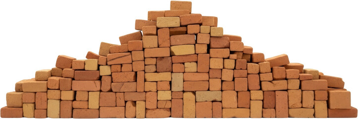 Obraz premium Stacked pile of diverse red and yellow clay bricks construction materials granular texture transparent background