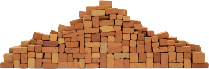 Stacked pile of diverse red and yellow clay bricks construction materials granular texture transparent background