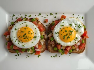 High resolution closeup photo of two slices of toasted bread topped with sunny side up eggs, fresh diced tomato, green peas and herbs on a white plate, perfect for breakfast food backgrounds

