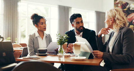 Discussion, coffee and business people in cafe with documents and tablet for investment planning. Cappuccino, meeting and team of finance advisors with manager for stock market research in restaurant