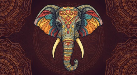 Colorful Stylized Elephant-Headed Figure Meditating on Lotus – Ornate Jewelry, Traditional Attire, Vibrant Patterns, Symmetrical Spiritual Design, Hand-Drawn Line Art with Watercolor Texture