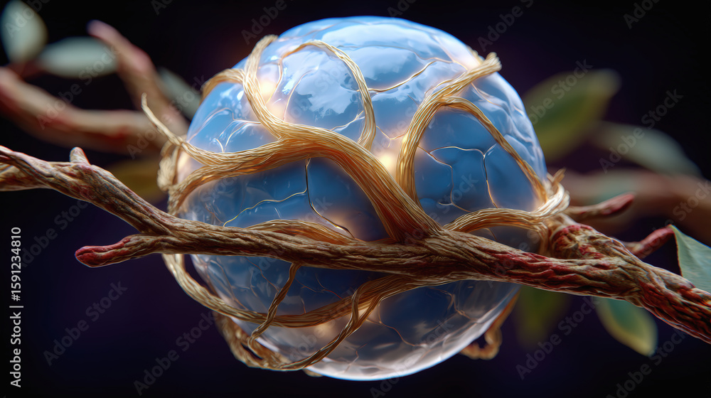 Poster floating neural sphere with light filaments symbolizes connectivity and innovation, surrounded by or