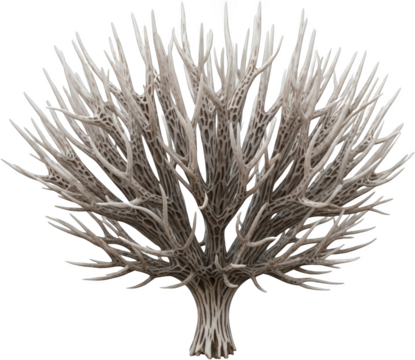 Intricate dried branch structure with a dense network of thin pointed limbs transparent background
