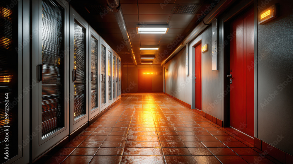 Poster corridor in data center featuring server racks, illuminated by warm lights, creates futuristic and t