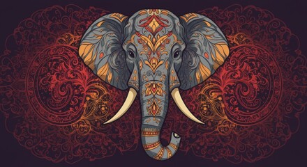 Colorful Stylized Elephant-Headed Figure Meditating on Lotus – Ornate Jewelry, Traditional Attire, Vibrant Patterns, Symmetrical Spiritual Design, Hand-Drawn Line Art with Watercolor Texture