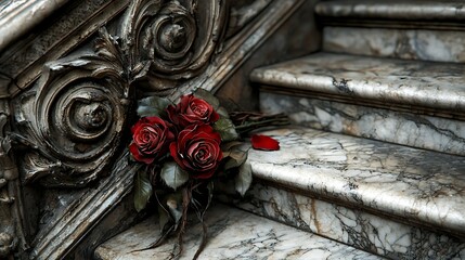 Dark Red Roses Resting on Marble Staircase