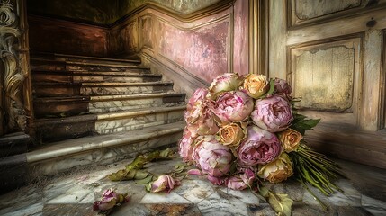 Abandoned Mansion with Withered Rose Bouquet