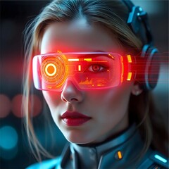 Close-up of a woman immersed in virtual reality, wearing a futuristic VR headset with vibrant neon lights in the background.