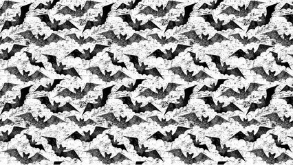 Monochrome background featuring a pattern of bats and clouds in a textured style design