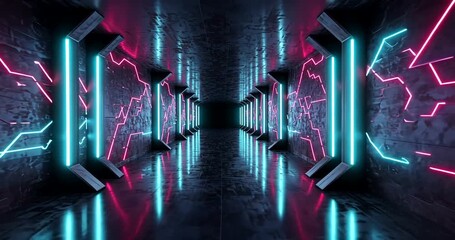 Neon lit abstract futuristic tunnel background for technology and science fiction projects - Powered by Adobe